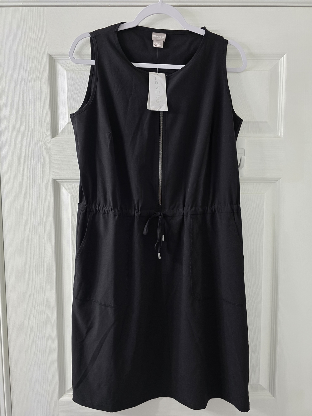 NWT Chico's Black Sleeveless Zip-Front Drawstring Shift Dress - 10